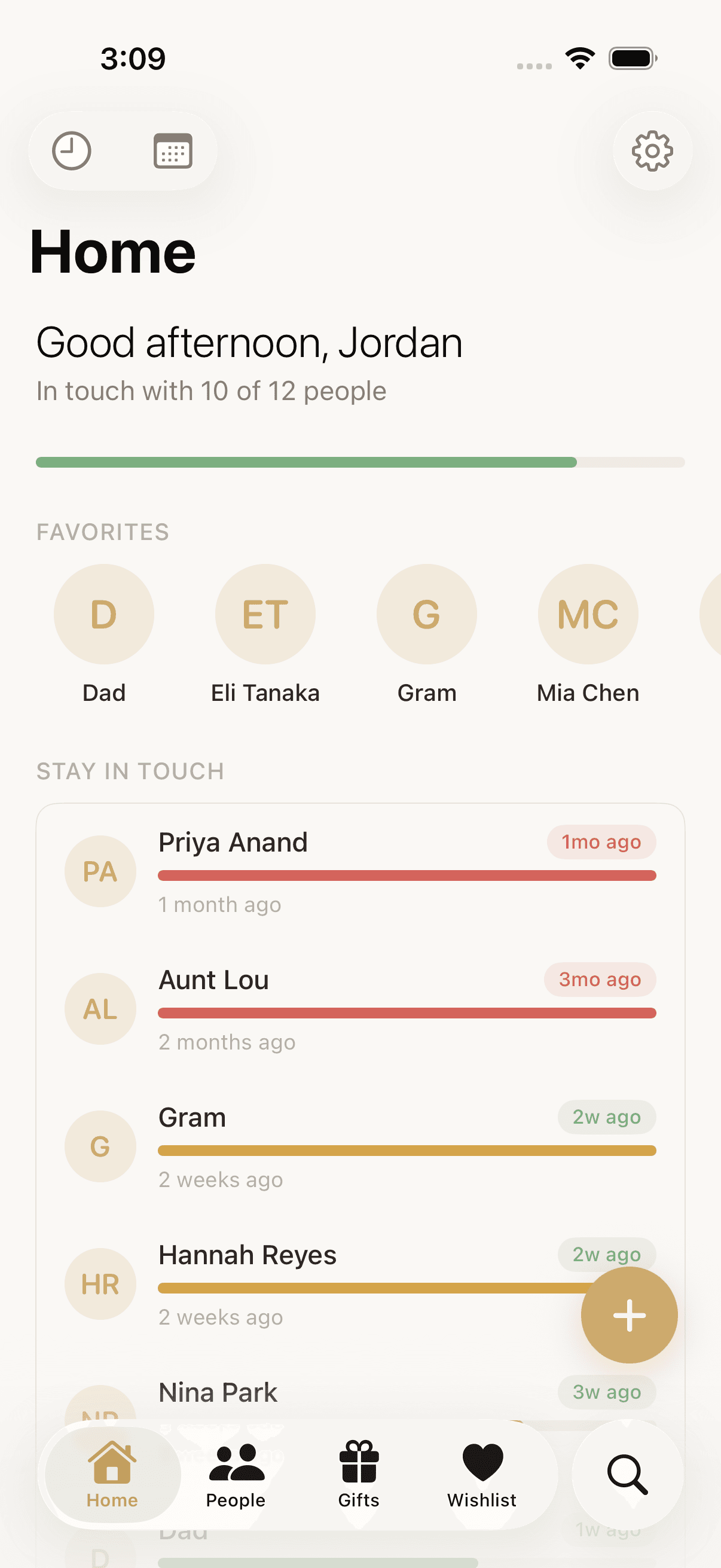 Thoughtful home screen showing upcoming occasions